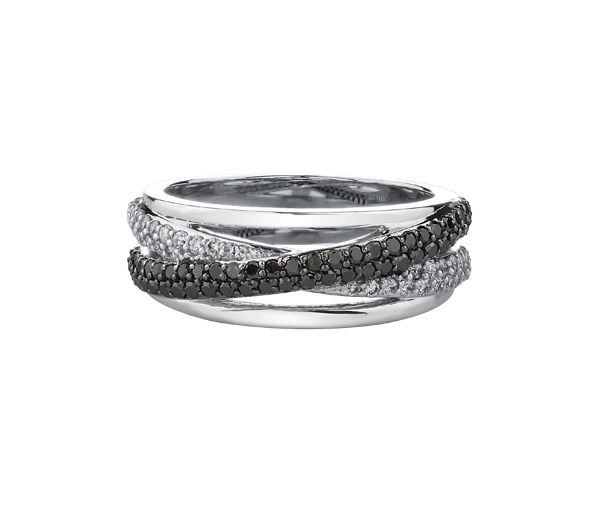 BAGUE EN OR 10K BLANC SERTIE DE DIAMANTS NOIRS ET BLANCS